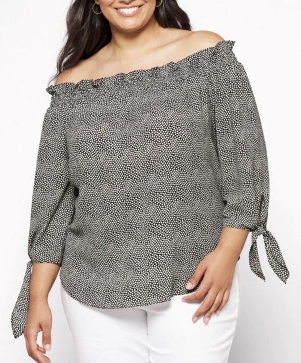 New Michael Kors Galyn Off The Shoulders Top Size L Black White Tie Sleeve